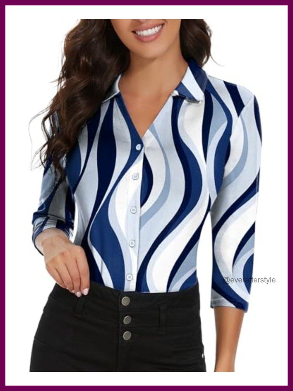 Womens 3/4 Sleeve Button Down V Neck Collared Polo Shirt Work Blouse